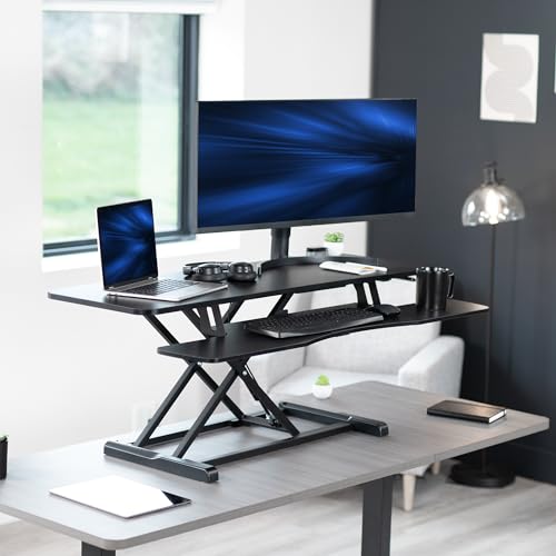 VIVO 122 cm Schreibtischaufsatz, K-Serie, höhenverstellbarer Steh-Sitz-Aufsatz, Dual-Monitor- und Laptop-Arbeitsplatz mit breiter Tastaturablage, Schwarz, DESK-V048KB