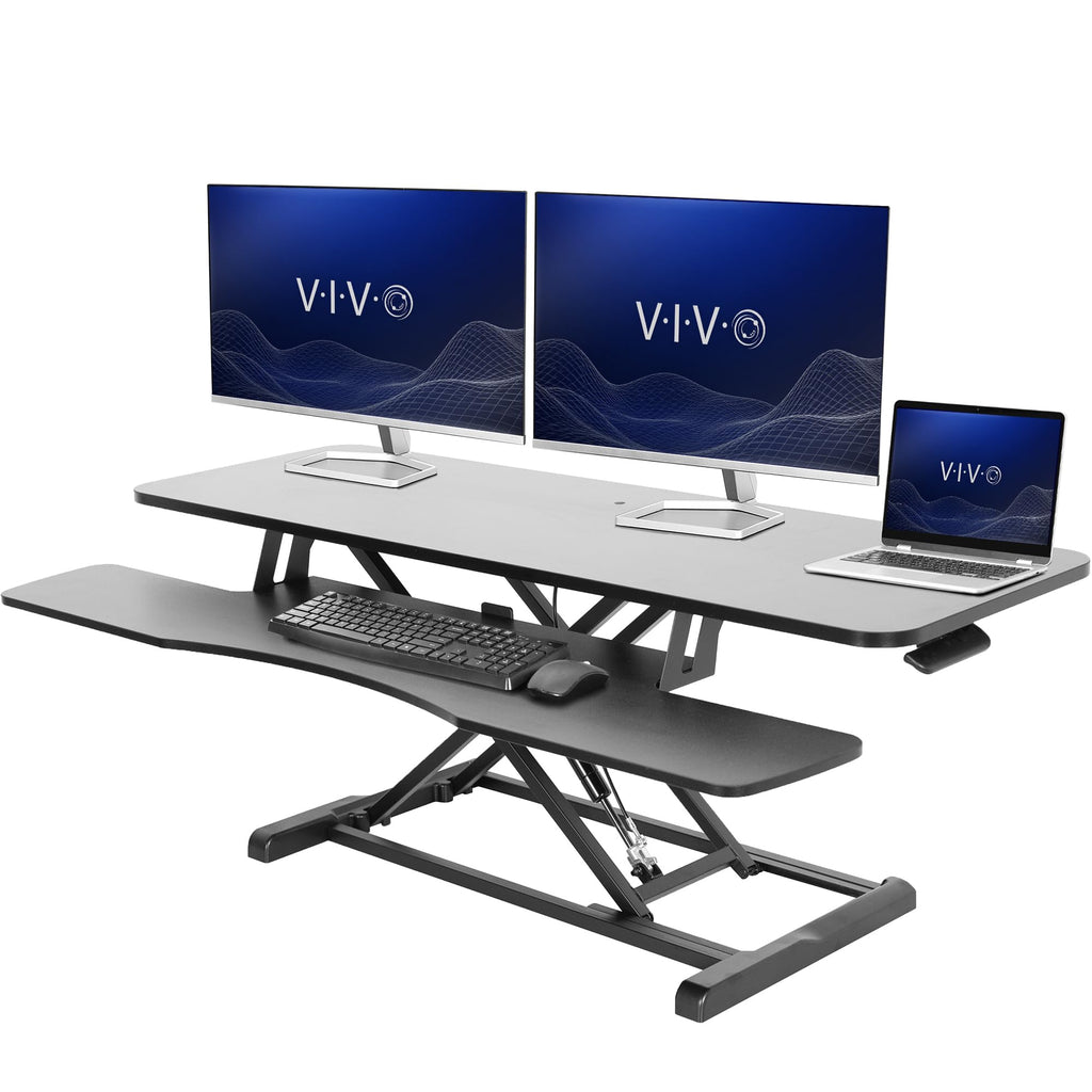 VIVO 122 cm Schreibtischaufsatz, K-Serie, höhenverstellbarer Steh-Sitz-Aufsatz, Dual-Monitor- und Laptop-Arbeitsplatz mit breiter Tastaturablage, Schwarz, DESK-V048KB
