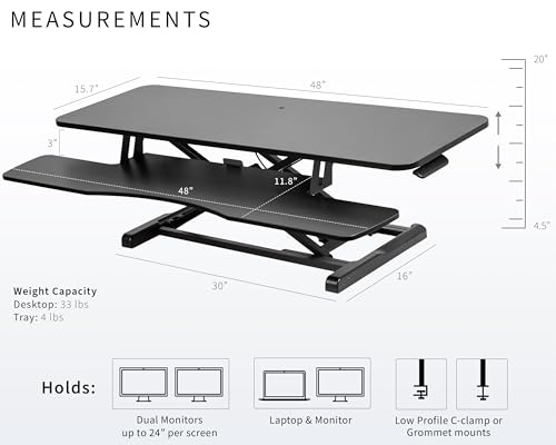 VIVO 122 cm Schreibtischaufsatz, K-Serie, höhenverstellbarer Steh-Sitz-Aufsatz, Dual-Monitor- und Laptop-Arbeitsplatz mit breiter Tastaturablage, Schwarz, DESK-V048KB