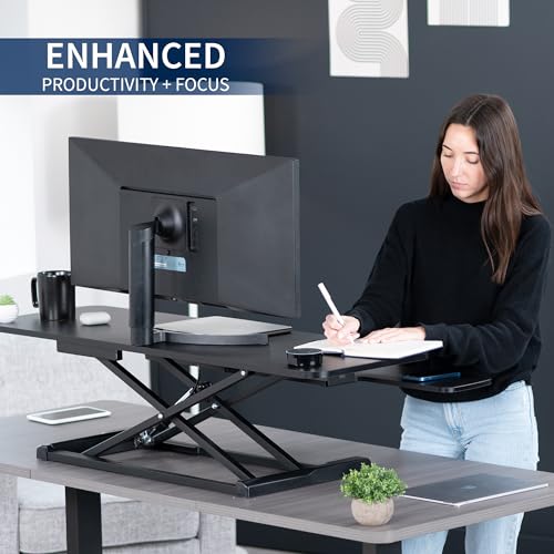 VIVO 122 cm Schreibtischaufsatz, K-Serie, höhenverstellbarer Steh-Sitz-Aufsatz, Dual-Monitor- und Laptop-Arbeitsplatz mit breiter Tastaturablage, Schwarz, DESK-V048KB