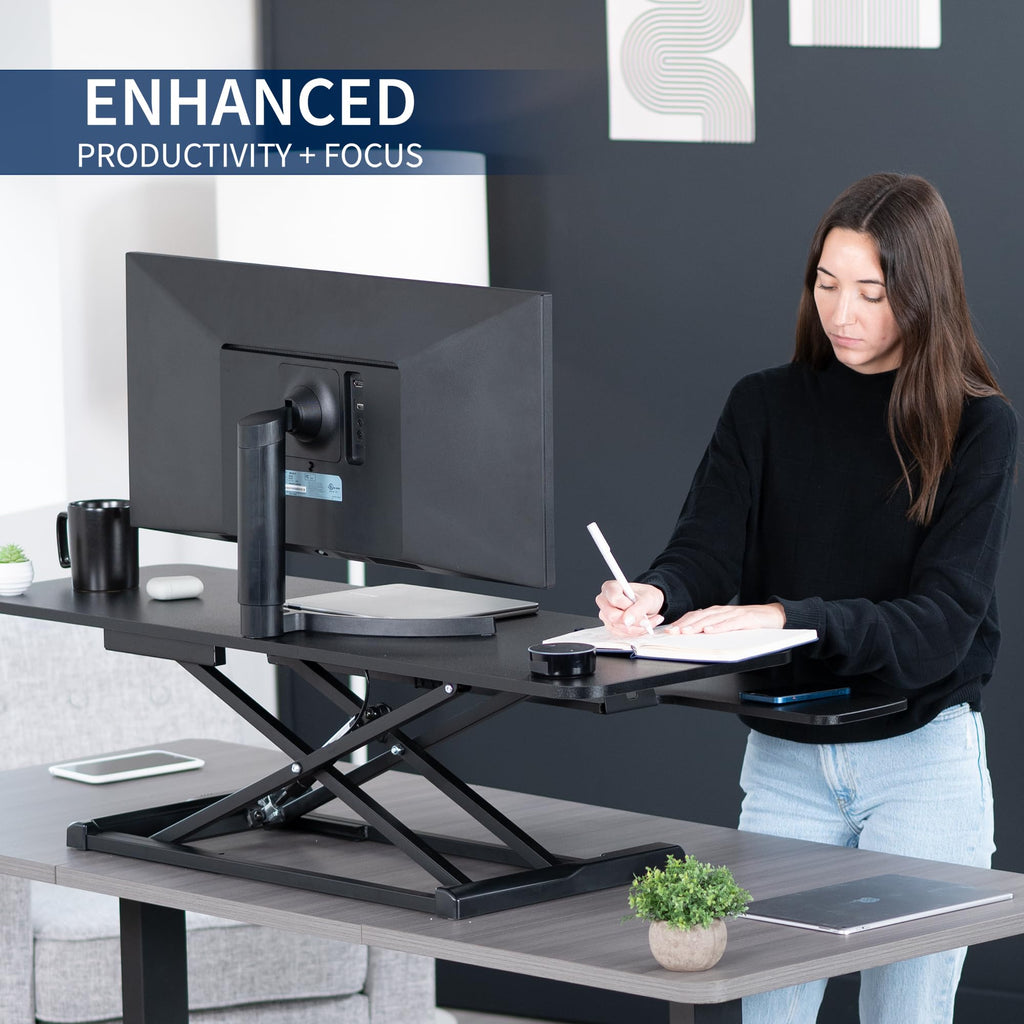 VIVO 122 cm Schreibtischaufsatz, K-Serie, höhenverstellbarer Steh-Sitz-Aufsatz, Dual-Monitor- und Laptop-Arbeitsplatz mit breiter Tastaturablage, Schwarz, DESK-V048KB