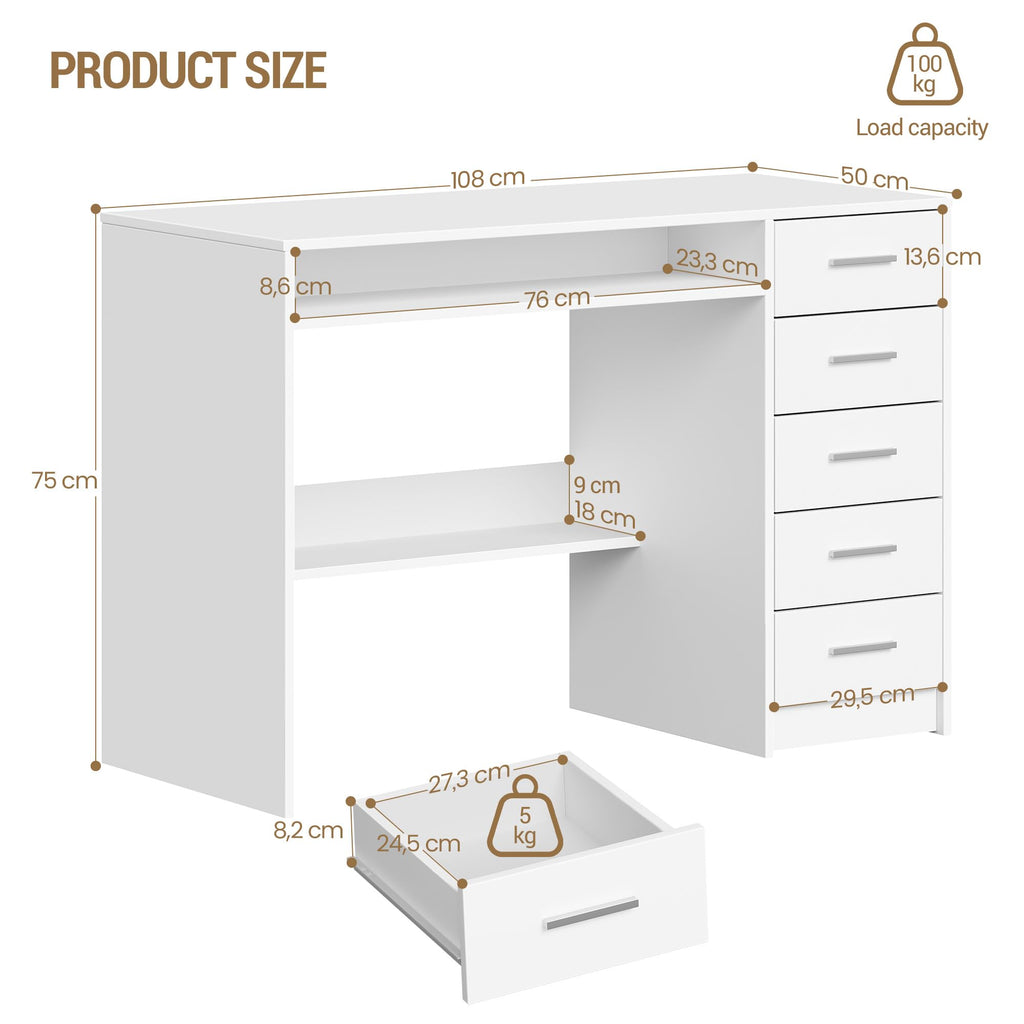 Hzuaneri Schreibtisch 108x50cm 5 Schubl. weiß