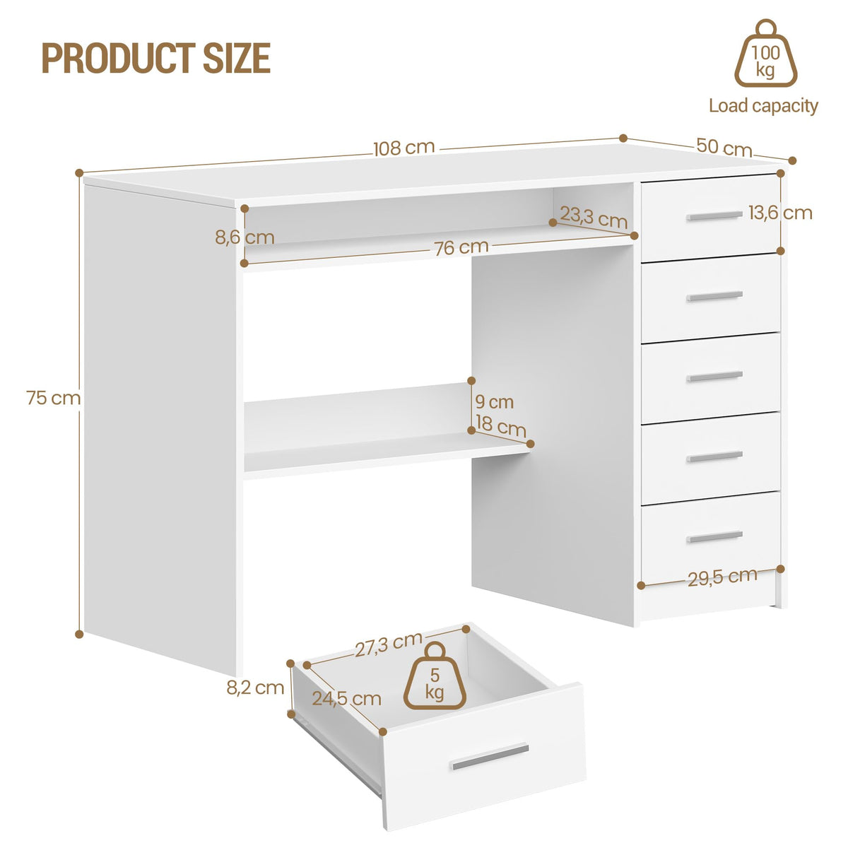Hzuaneri Schreibtisch 108x50cm 5 Schubl. weiß