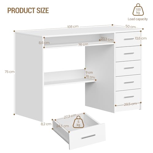 Hzuaneri Schreibtisch 108x50cm 5 Schubl. weiß