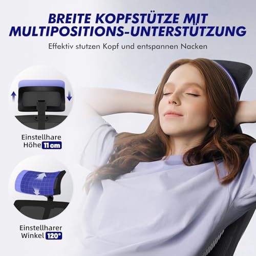 Daccormax Bürostuhl, Bürostuhl Ergonomisch Schreibtischstuhl mit Verstellbaren Armlehnen, Kopfstütze und weiche Lendenstütze aus Naturschwamm, Chefsessel Drehstuhl Wippfunktion 200kg, Schwarz