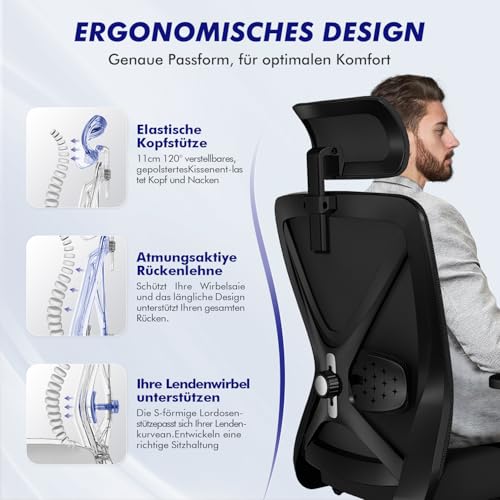 Daccormax Bürostuhl, Bürostuhl Ergonomisch Schreibtischstuhl mit Verstellbaren Armlehnen, Kopfstütze und weiche Lendenstütze aus Naturschwamm, Chefsessel Drehstuhl Wippfunktion 200kg, Schwarz
