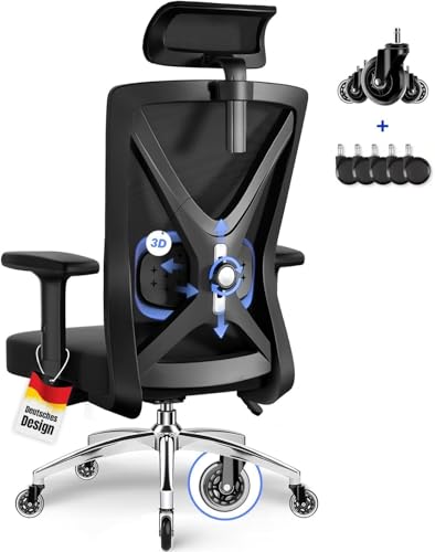 Daccormax Bürostuhl, Bürostuhl Ergonomisch Schreibtischstuhl mit Verstellbaren Armlehnen, Kopfstütze und weiche Lendenstütze aus Naturschwamm, Chefsessel Drehstuhl Wippfunktion 200kg, Schwarz