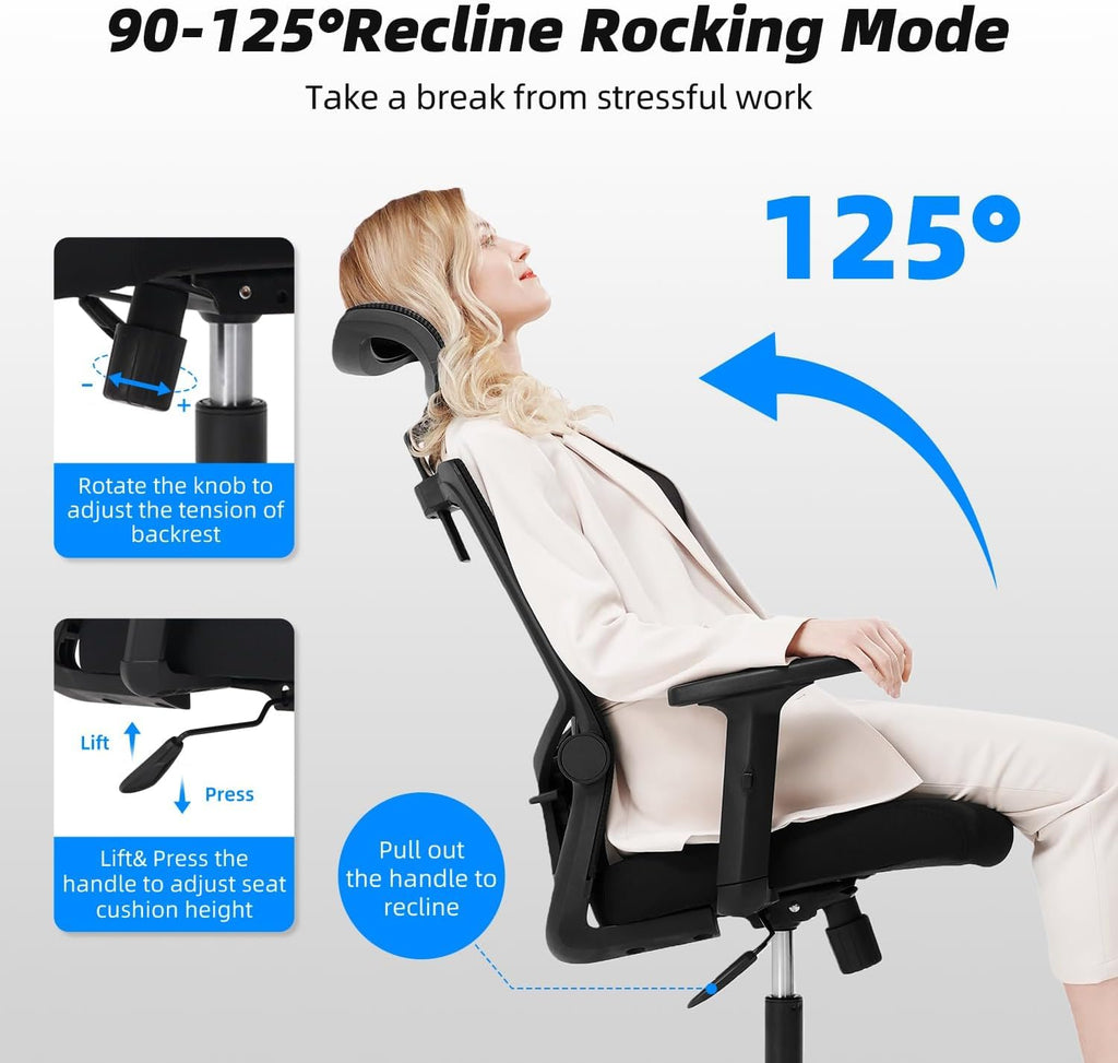 Daccormax Bürostuhl Ergonomisch, Schreibtischstuhl mit Verstellbarer Kopfstütze, Armlehnen, Lendenwirbelstütze, Drehstuhl Wippfunktion bis 135°, Chefsessel aus Mesh,Rückenschonend, Bürostuhl 150kg