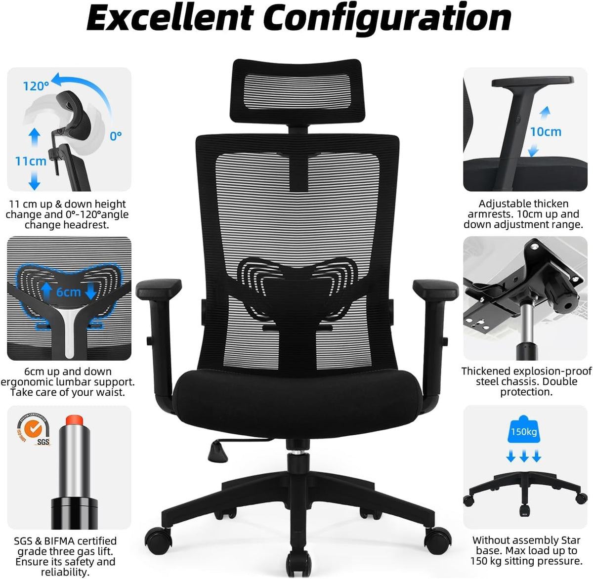 Daccormax Bürostuhl Ergonomisch, Schreibtischstuhl mit Verstellbarer Kopfstütze, Armlehnen, Lendenwirbelstütze, Drehstuhl Wippfunktion bis 135°, Chefsessel aus Mesh,Rückenschonend, Bürostuhl 150kg