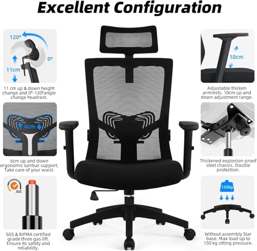 Daccormax Bürostuhl Ergonomisch, Schreibtischstuhl mit Verstellbarer Kopfstütze, Armlehnen, Lendenwirbelstütze, Drehstuhl Wippfunktion bis 135°, Chefsessel aus Mesh,Rückenschonend, Bürostuhl 150kg