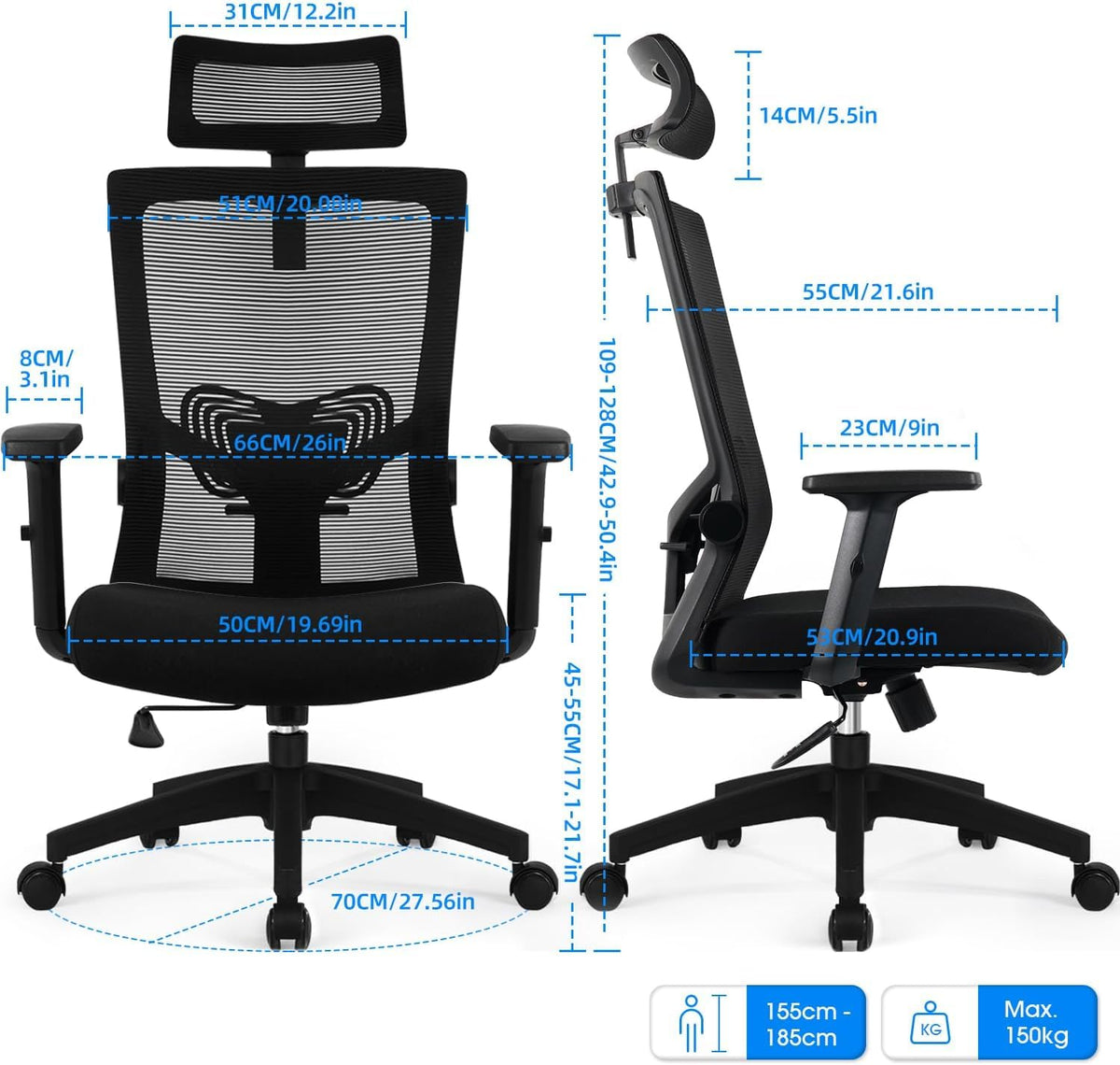 Daccormax Bürostuhl Ergonomisch, Schreibtischstuhl mit Verstellbarer Kopfstütze, Armlehnen, Lendenwirbelstütze, Drehstuhl Wippfunktion bis 135°, Chefsessel aus Mesh,Rückenschonend, Bürostuhl 150kg