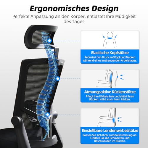 Daccormax Bürostuhl Ergonomisch, Schreibtischstuhl mit Verstellbarer Kopfstütze, Armlehnen, Lendenwirbelstütze, Drehstuhl Wippfunktion bis 135°, Chefsessel aus Mesh,Rückenschonend, Bürostuhl 150kg