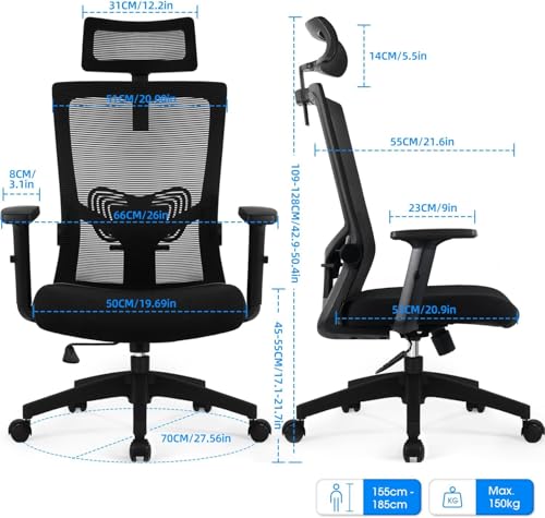 Daccormax Bürostuhl Ergonomisch, Schreibtischstuhl mit Verstellbarer Kopfstütze, Armlehnen, Lendenwirbelstütze, Drehstuhl Wippfunktion bis 135°, Chefsessel aus Mesh,Rückenschonend, Bürostuhl 150kg