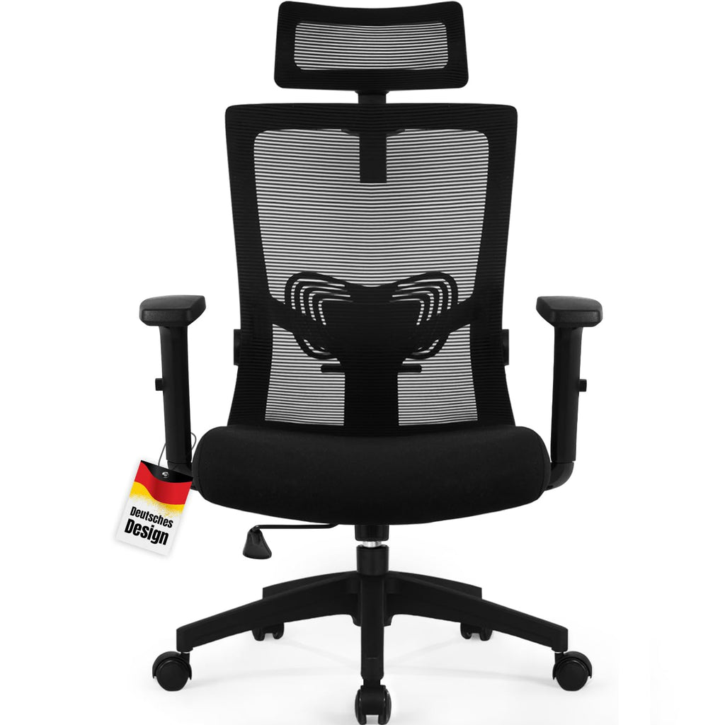 Daccormax Bürostuhl Ergonomisch, Schreibtischstuhl mit Verstellbarer Kopfstütze, Armlehnen, Lendenwirbelstütze, Drehstuhl Wippfunktion bis 135°, Chefsessel aus Mesh,Rückenschonend, Bürostuhl 150kg