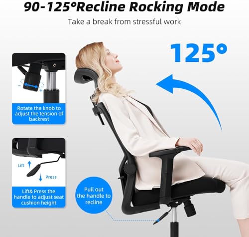 Daccormax Bürostuhl Ergonomisch, Schreibtischstuhl mit Verstellbarer Kopfstütze, Armlehnen, Lendenwirbelstütze, Drehstuhl Wippfunktion bis 135°, Chefsessel aus Mesh,Rückenschonend, Bürostuhl 150kg