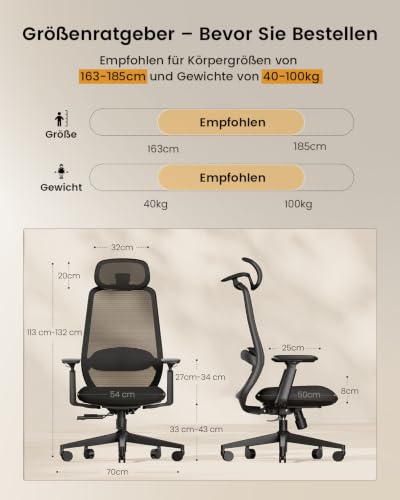 ProtoArc EC200 Ergonomischer Bürostuhl mit Verstellbarer Sitztiefe, Schwarz