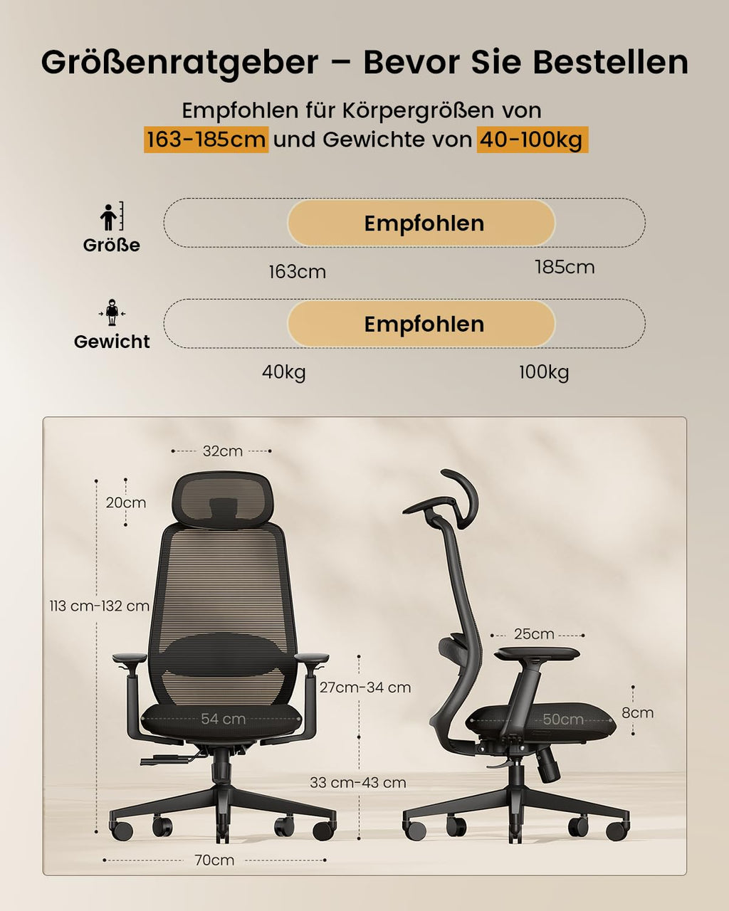 ProtoArc EC200 Ergonomischer Bürostuhl mit Verstellbarer Sitztiefe, Schwarz