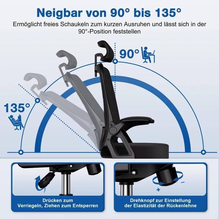 Bürostuhl,Bürostuhl Ergonomisch mit Verstellbarer Kopfstütze,Armlehnen und Lendenwirbelstütze, Schreibtischstuhl Drehstuhl Wippfunktion bis 135°,Chefsessel Rückenschonend, 150kg