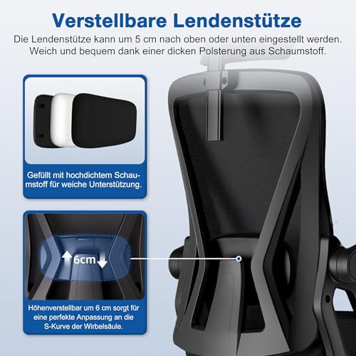 Bürostuhl,Bürostuhl Ergonomisch mit Verstellbarer Kopfstütze,Armlehnen und Lendenwirbelstütze, Schreibtischstuhl Drehstuhl Wippfunktion bis 135°,Chefsessel Rückenschonend, 150kg