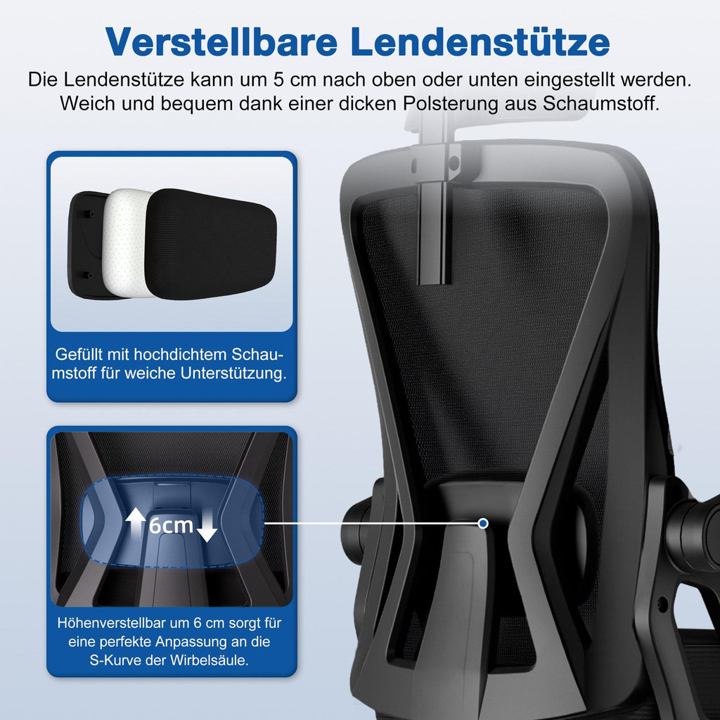 Bürostuhl,Bürostuhl Ergonomisch mit Verstellbarer Kopfstütze,Armlehnen und Lendenwirbelstütze, Schreibtischstuhl Drehstuhl Wippfunktion bis 135°,Chefsessel Rückenschonend, 150kg
