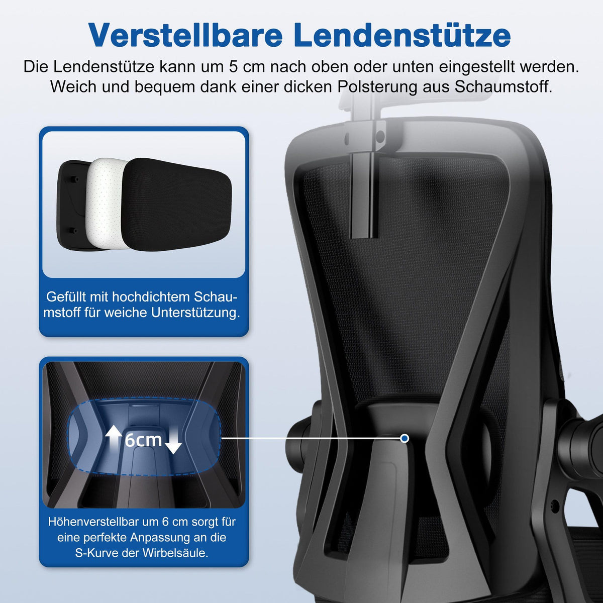 Bürostuhl,Bürostuhl Ergonomisch mit Verstellbarer Kopfstütze,Armlehnen und Lendenwirbelstütze, Schreibtischstuhl Drehstuhl Wippfunktion bis 135°,Chefsessel Rückenschonend, 150kg