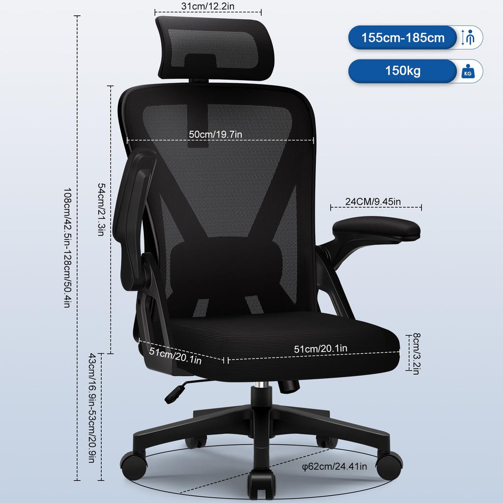 Bürostuhl,Bürostuhl Ergonomisch mit Verstellbarer Kopfstütze,Armlehnen und Lendenwirbelstütze, Schreibtischstuhl Drehstuhl Wippfunktion bis 135°,Chefsessel Rückenschonend, 150kg