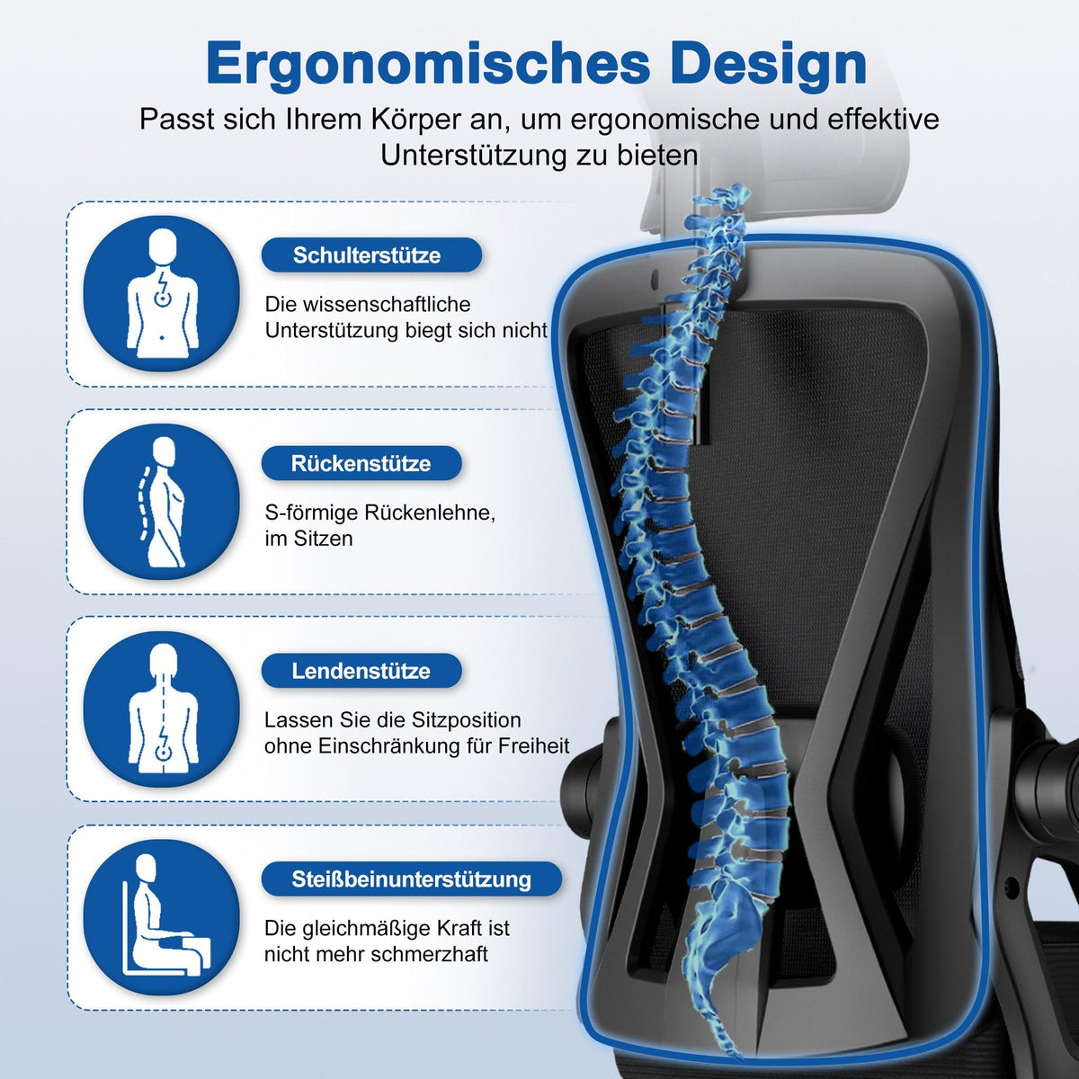 Bürostuhl,Bürostuhl Ergonomisch mit Verstellbarer Kopfstütze,Armlehnen und Lendenwirbelstütze, Schreibtischstuhl Drehstuhl Wippfunktion bis 135°,Chefsessel Rückenschonend, 150kg