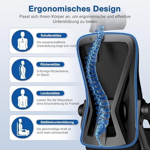 Bürostuhl,Bürostuhl Ergonomisch mit Verstellbarer Kopfstütze,Armlehnen und Lendenwirbelstütze, Schreibtischstuhl Drehstuhl Wippfunktion bis 135°,Chefsessel Rückenschonend, 150kg