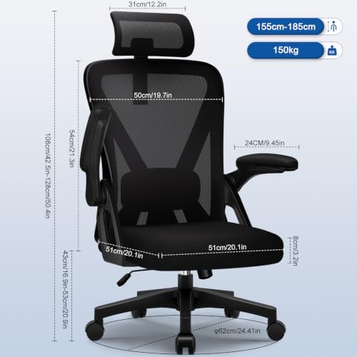 Bürostuhl,Bürostuhl Ergonomisch mit Verstellbarer Kopfstütze,Armlehnen und Lendenwirbelstütze, Schreibtischstuhl Drehstuhl Wippfunktion bis 135°,Chefsessel Rückenschonend, 150kg