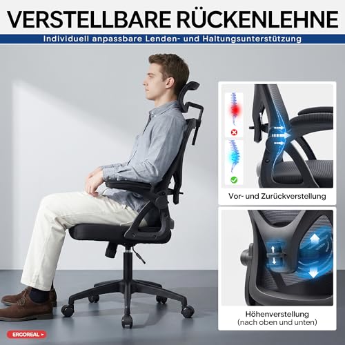 Bürostuhl ergonomisch mit Kopfstütze – Schreibtischstuhl Netz 200kg