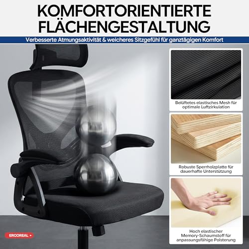 Bürostuhl ergonomisch mit Kopfstütze – Schreibtischstuhl Netz 200kg