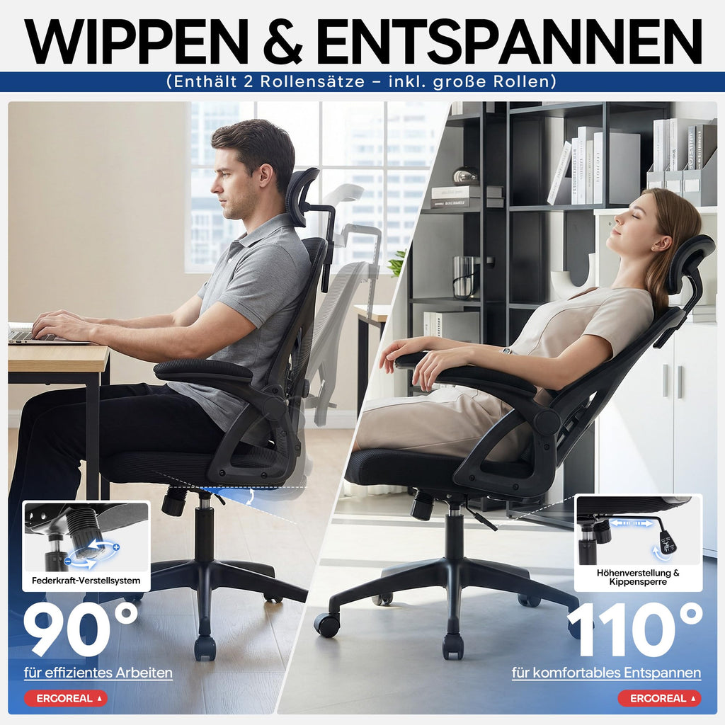 Bürostuhl ergonomisch mit Kopfstütze – Schreibtischstuhl Netz 200kg
