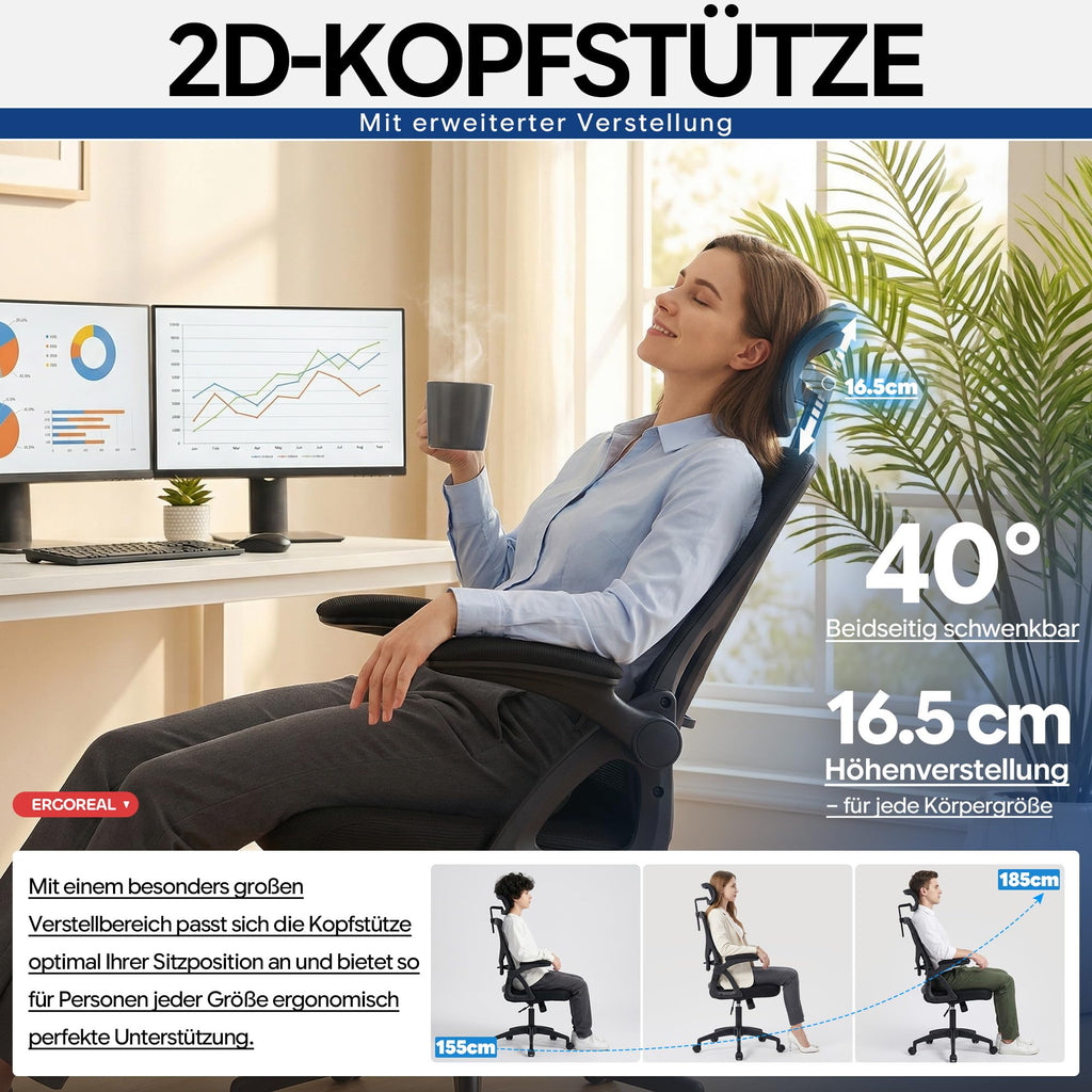 Bürostuhl ergonomisch mit Kopfstütze – Schreibtischstuhl Netz 200kg