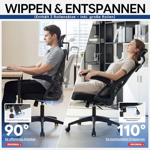 Bürostuhl ergonomisch mit Kopfstütze – Schreibtischstuhl Netz 200kg