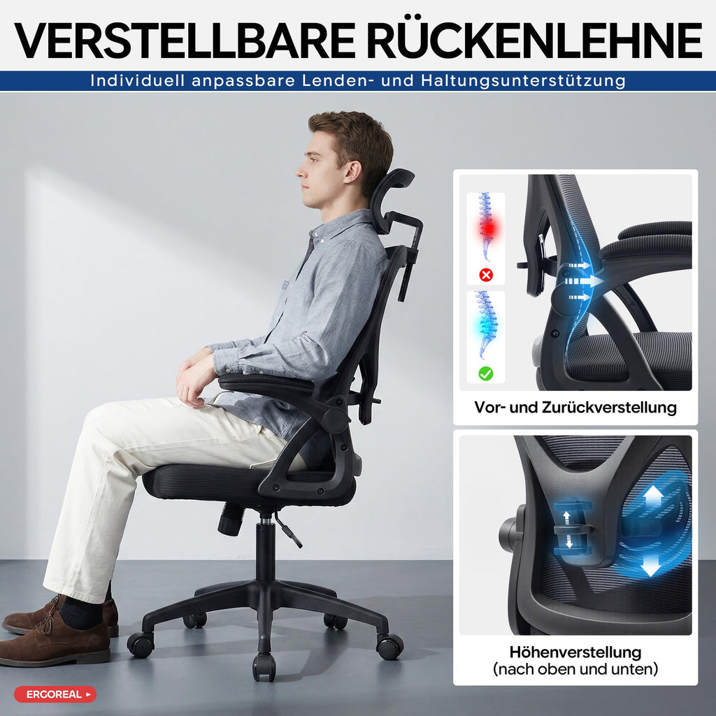 Bürostuhl ergonomisch mit Kopfstütze – Schreibtischstuhl Netz 200kg
