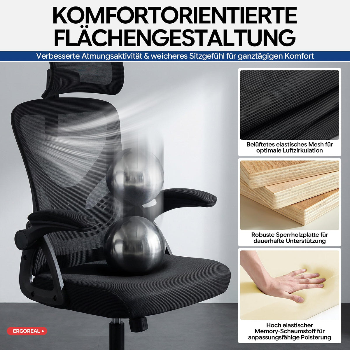 Bürostuhl ergonomisch mit Kopfstütze – Schreibtischstuhl Netz 200kg