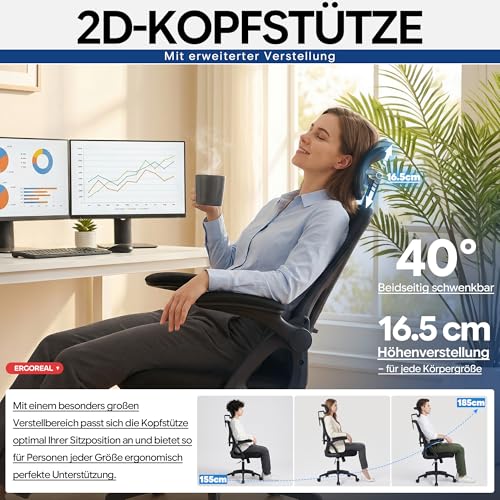 Bürostuhl ergonomisch mit Kopfstütze – Schreibtischstuhl Netz 200kg