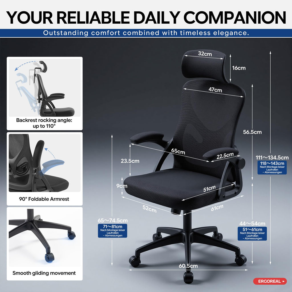 Bürostuhl ergonomisch mit Kopfstütze – Schreibtischstuhl Netz 200kg