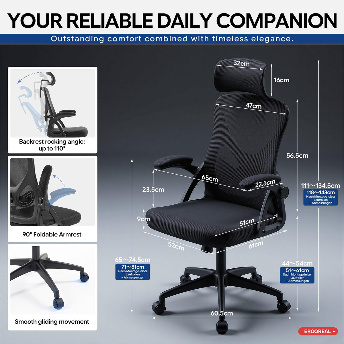 Bürostuhl ergonomisch mit Kopfstütze – Schreibtischstuhl Netz 200kg