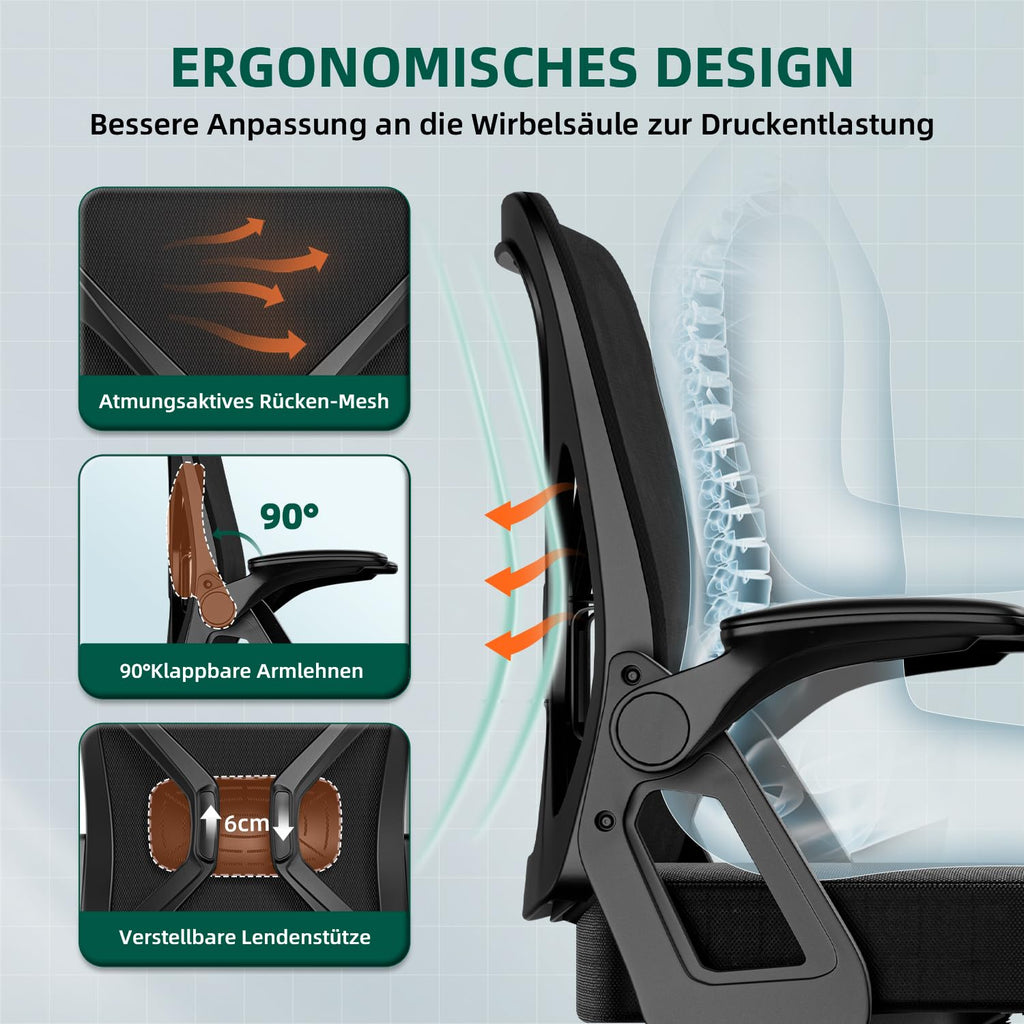 Bürostuhl Ergonomisch mit Hochklappbaren Armlehnen, Einstellbarer Lendenstütze, Wippfunktion bis 125°, Höhenverstellbar, Netzstuhl, Schwarz