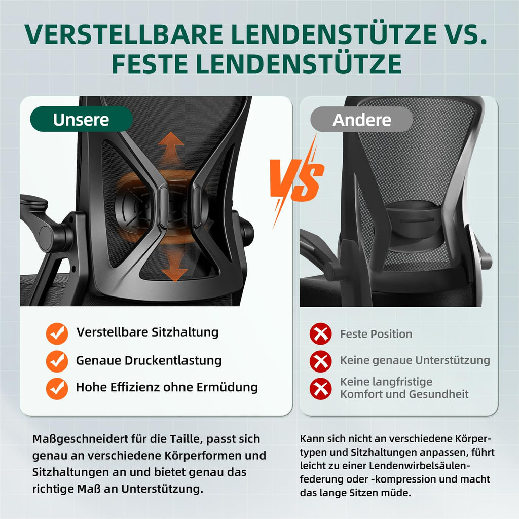 Bürostuhl Ergonomisch mit Hochklappbaren Armlehnen, Einstellbarer Lendenstütze, Wippfunktion bis 125°, Höhenverstellbar, Netzstuhl, Schwarz