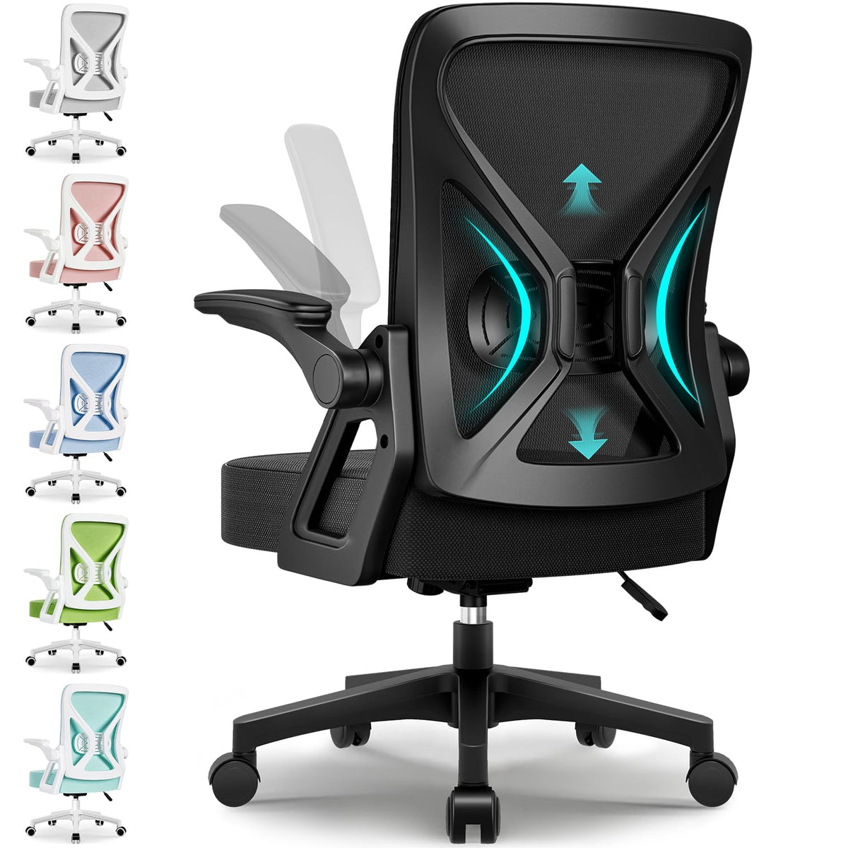 Bürostuhl Ergonomisch mit Hochklappbaren Armlehnen, Einstellbarer Lendenstütze, Wippfunktion bis 125°, Höhenverstellbar, Netzstuhl, Schwarz