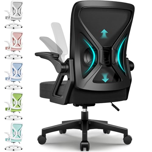 Bürostuhl Ergonomisch mit Hochklappbaren Armlehnen, Einstellbarer Lendenstütze, Wippfunktion bis 125°, Höhenverstellbar, Netzstuhl, Schwarz
