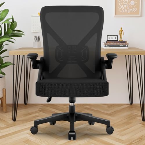 Bürostuhl Ergonomisch mit Hochklappbaren Armlehnen, Einstellbarer Lendenstütze, Wippfunktion bis 125°, Höhenverstellbar, Netzstuhl, Schwarz