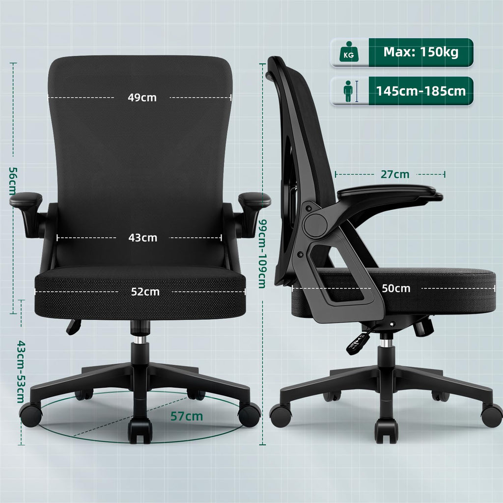 Bürostuhl Ergonomisch mit Hochklappbaren Armlehnen, Einstellbarer Lendenstütze, Wippfunktion bis 125°, Höhenverstellbar, Netzstuhl, Schwarz