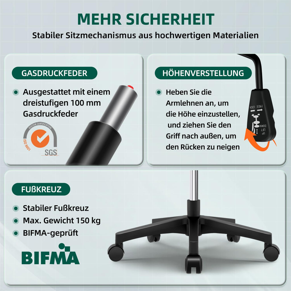Bürostuhl Ergonomisch mit Hochklappbaren Armlehnen, Einstellbarer Lendenstütze, Wippfunktion bis 125°, Höhenverstellbar, Netzstuhl, Schwarz