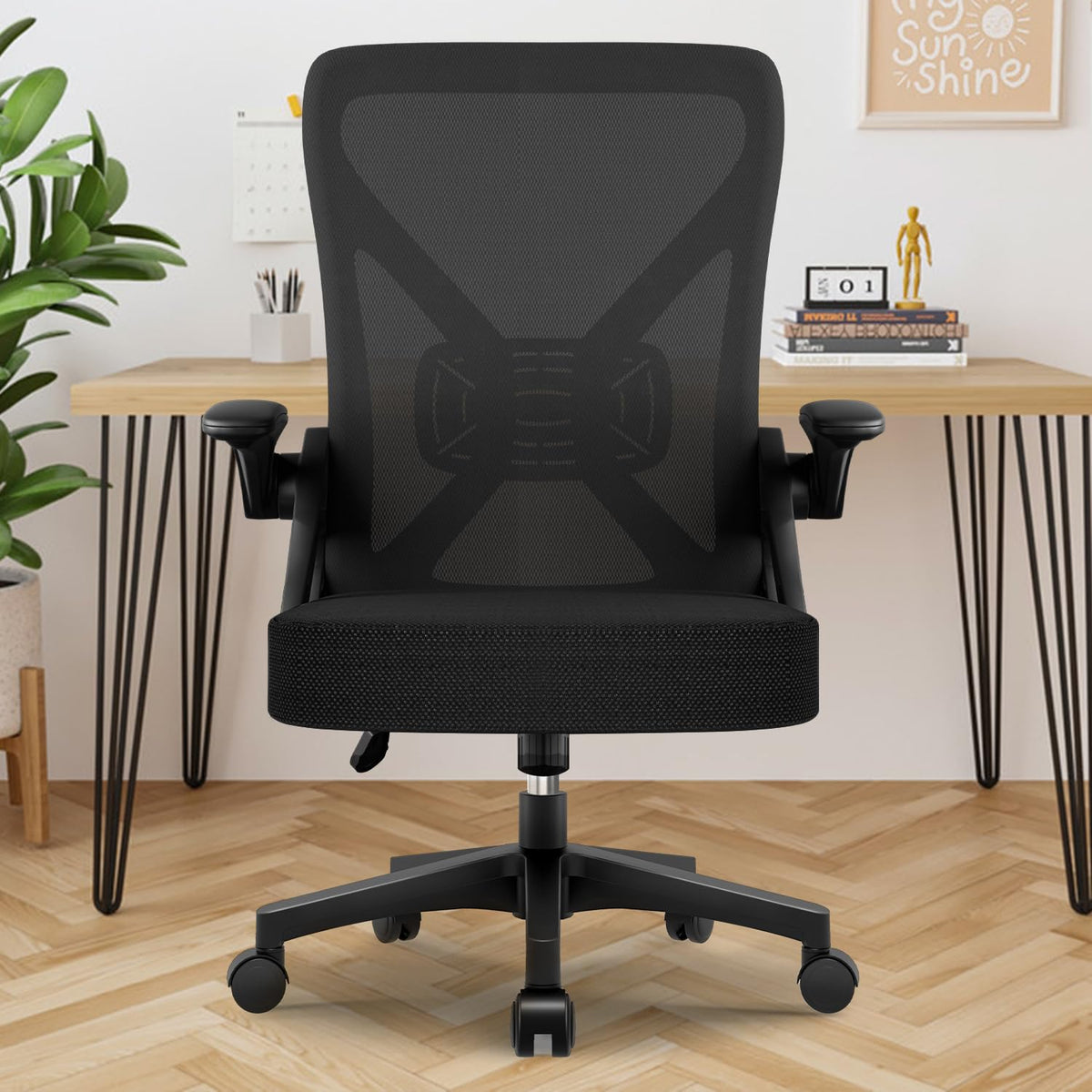 Bürostuhl Ergonomisch mit Hochklappbaren Armlehnen, Einstellbarer Lendenstütze, Wippfunktion bis 125°, Höhenverstellbar, Netzstuhl, Schwarz