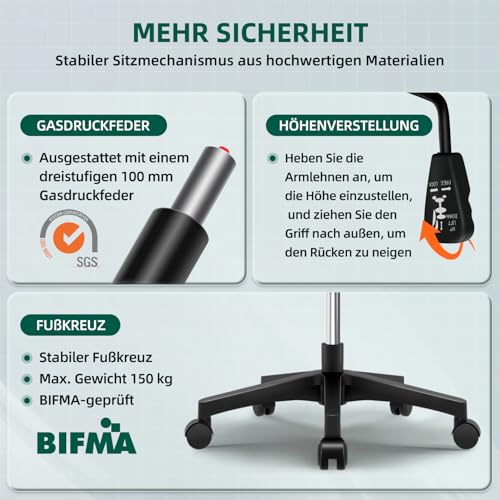 Bürostuhl Ergonomisch mit Hochklappbaren Armlehnen, Einstellbarer Lendenstütze, Wippfunktion bis 125°, Höhenverstellbar, Netzstuhl, Schwarz