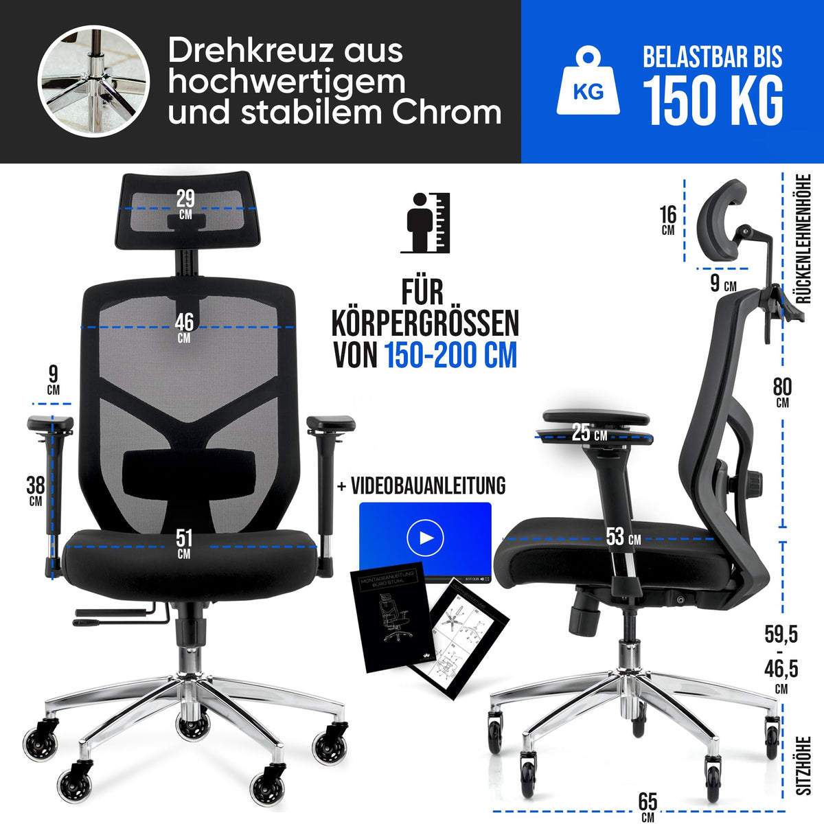 ELITESEATS Bürostuhl Ergonomisch [TESTSIEGER] Schreibtischstuhl Mesh 150 kg