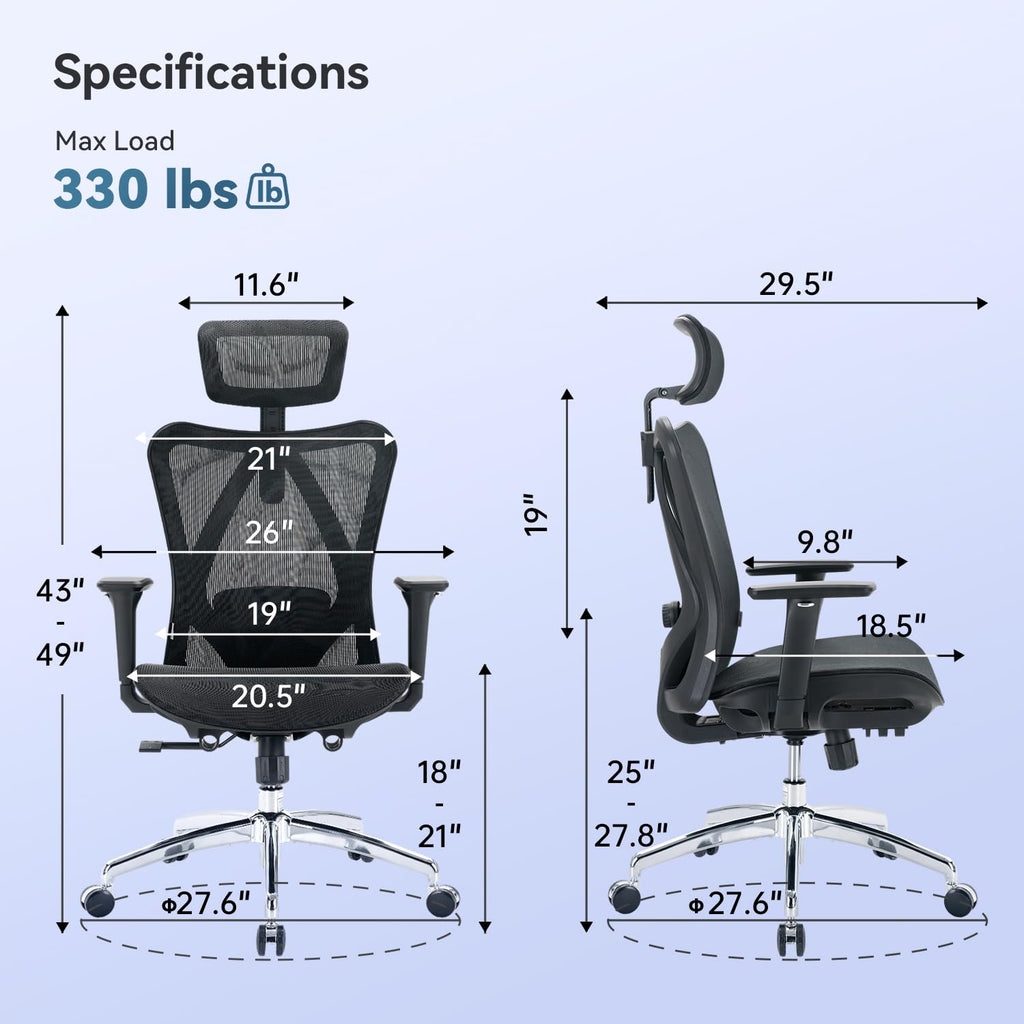 SIHOO M57 Ergonomischer Bürostuhl, Chefsessel mit 3D verstellbare Armlehne und Lendenwirbelstütze, Hautfreundliche Netz-Hochlehne, Schreibtischstuhl bis 150kg/330LB Belastbar(schwarz)